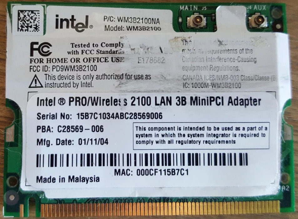 Intel PRO/Wireless 2100 3B Mini PCI Adapter Driver v.1.2.5.37 Windows XP / Vista 32 bits
