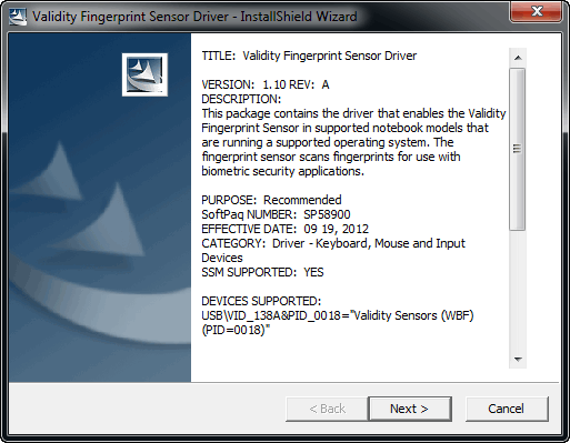 do i need validity fingerprint sensor driver